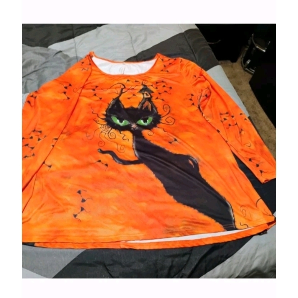 Vibrant Orange Cat Print Women's Blouse